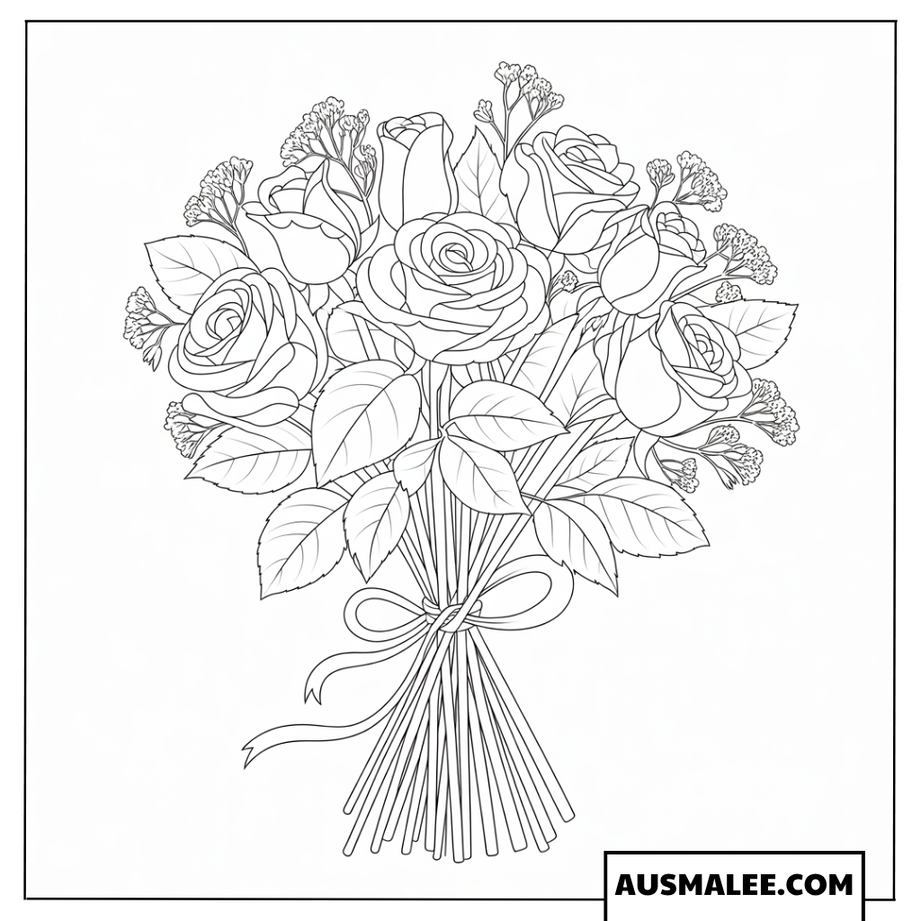Ausmalbild Elegantes Rosenbouquet mit Knospen