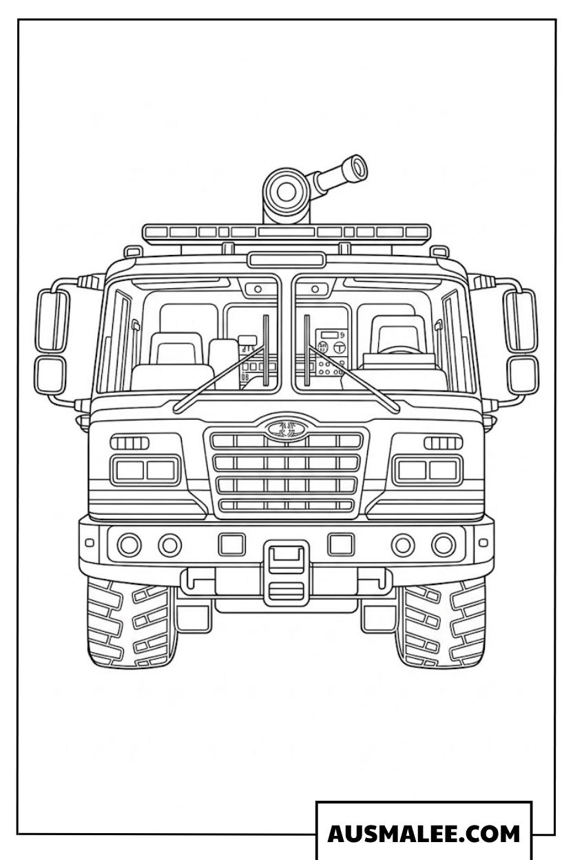 Ausmalbild Feuerwehr-Kettenfahrzeug mit Hubrettungsleitung