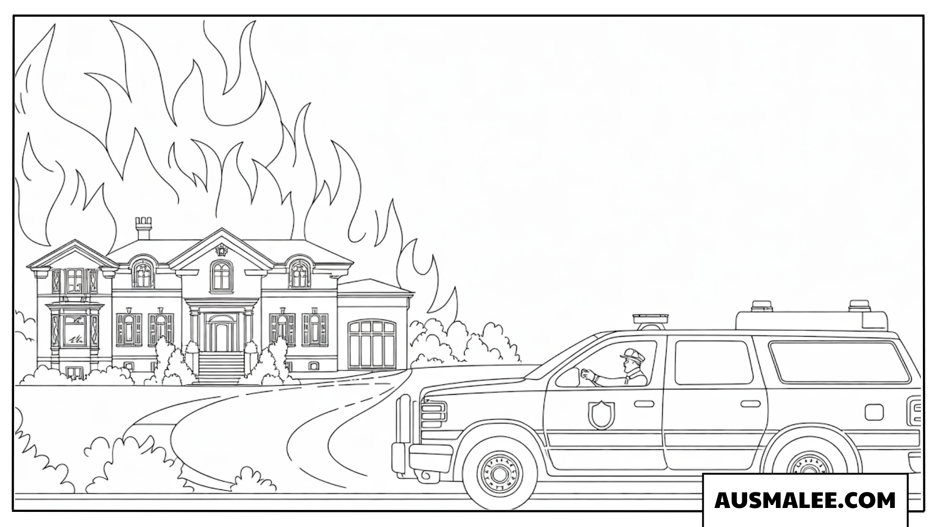 Ausmalbild Feuerwehr-Kommandowagen vor brennender Villa