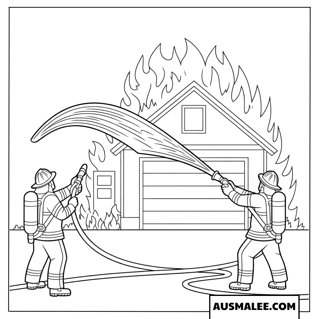 Ausmalbild Feuerwehr bekämpft Brand in einer Garage
