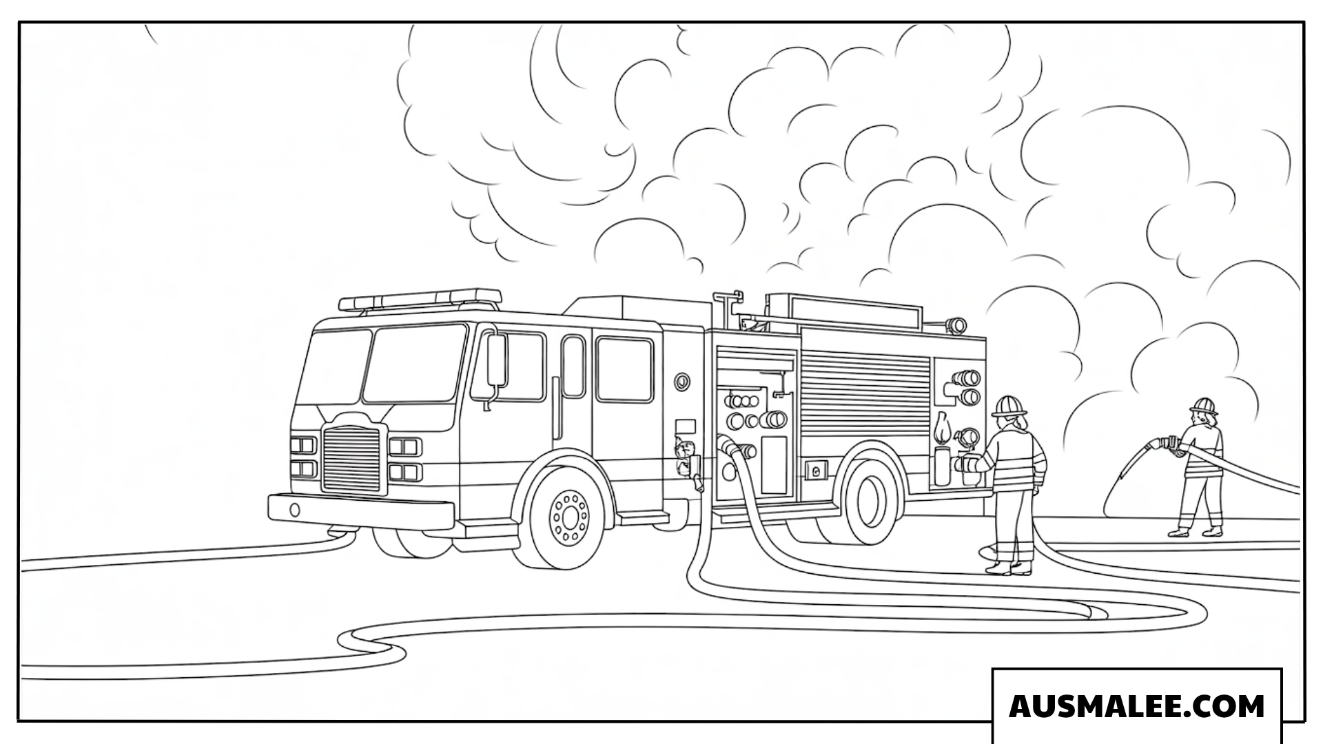 Ausmalbild Feuerwehrauto löscht Brand mit Dachwerfer