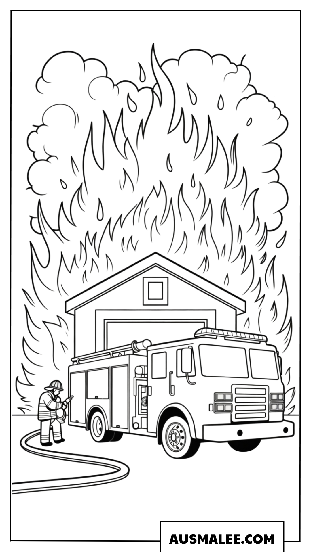 Ausmalbild Feuerwehrauto vor brennender Garage