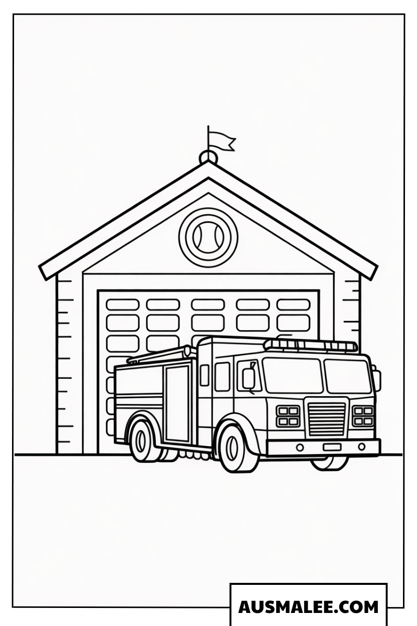 Ausmalbild Feuerwehrauto vor der Feuerwache