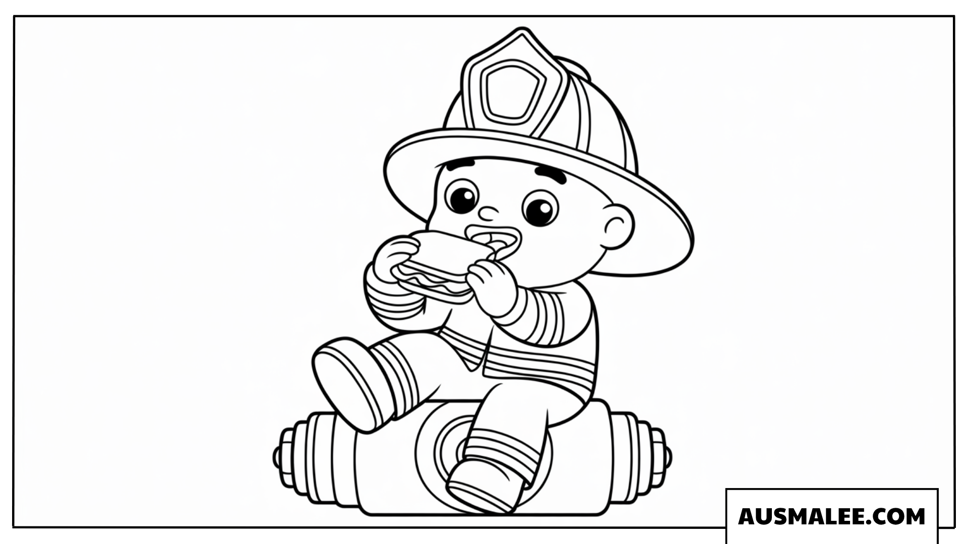 Ausmalbild Feuerwehrbaby isst Sandwich auf Hydrantenschlauch