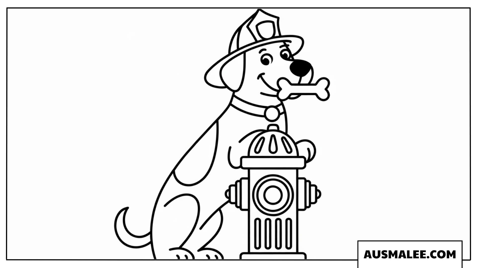 Ausmalbild Feuerwehrhund mit Knochen am Hydranten