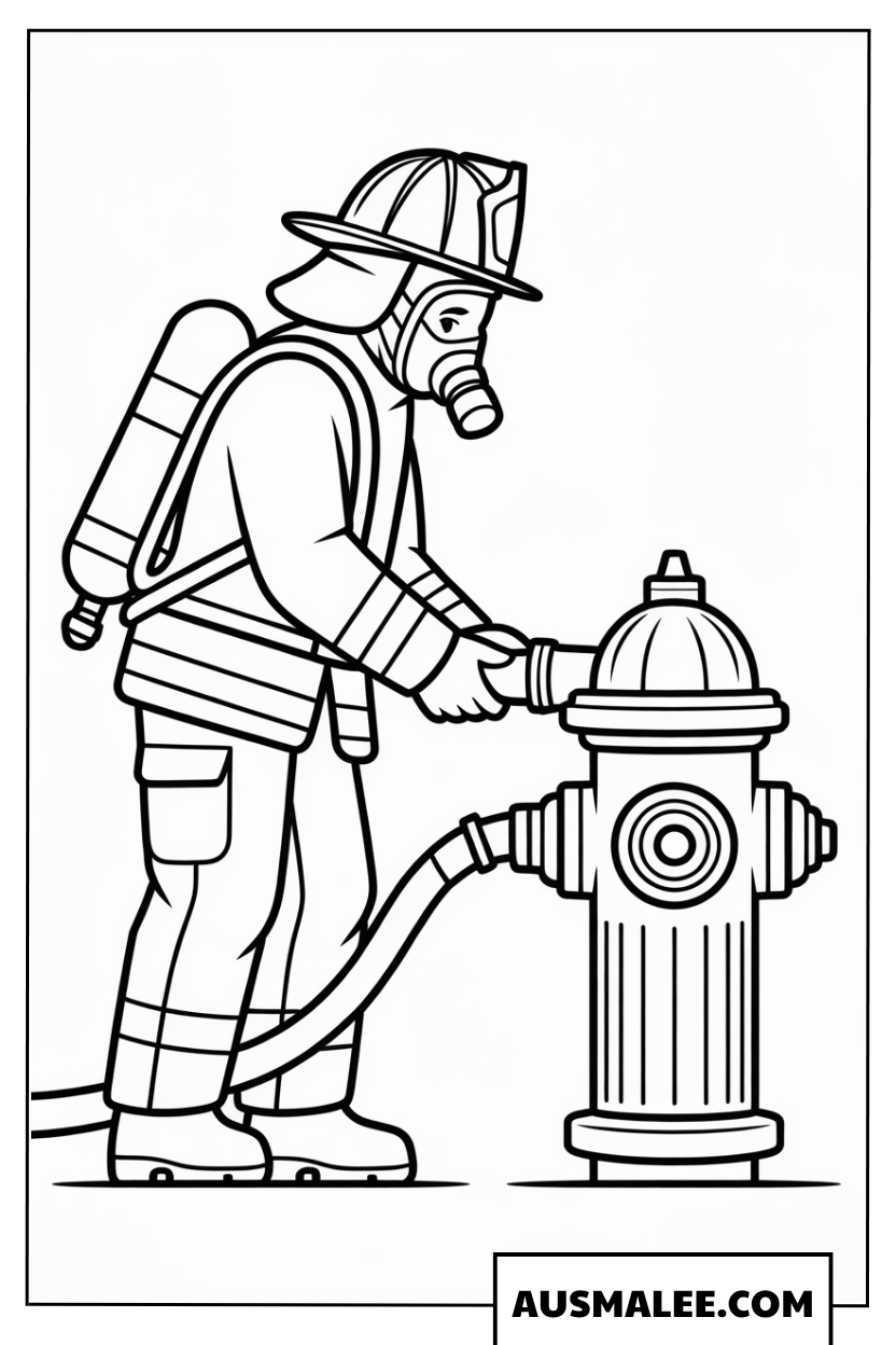 Ausmalbild Feuerwehrmann am Unterflurhydranten