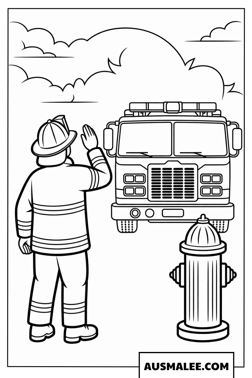 Ausmalbild Feuerwehrmann dirigiert Einsatzfahrzeug