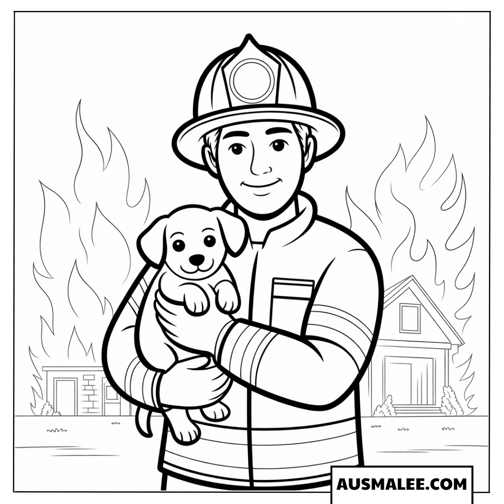 Ausmalbild Feuerwehrmann hält geretteten Welpen