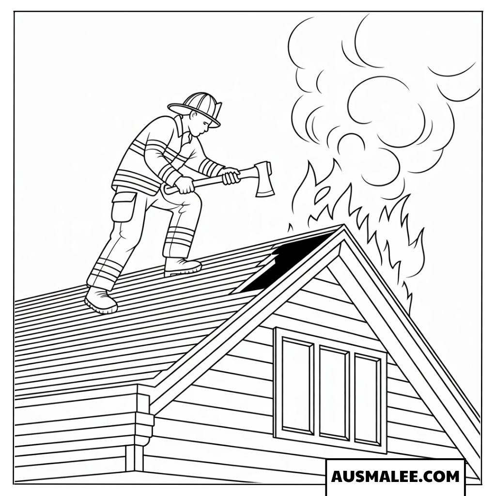 Ausmalbild Feuerwehrmann mit Axt auf dem brennenden Dach