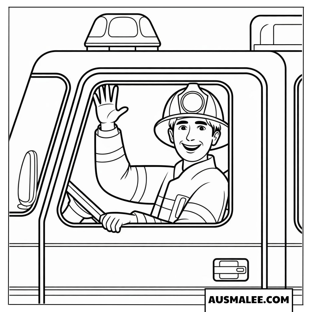Ausmalbild Feuerwehrmann mit Funkgerät vor dem Löschzug