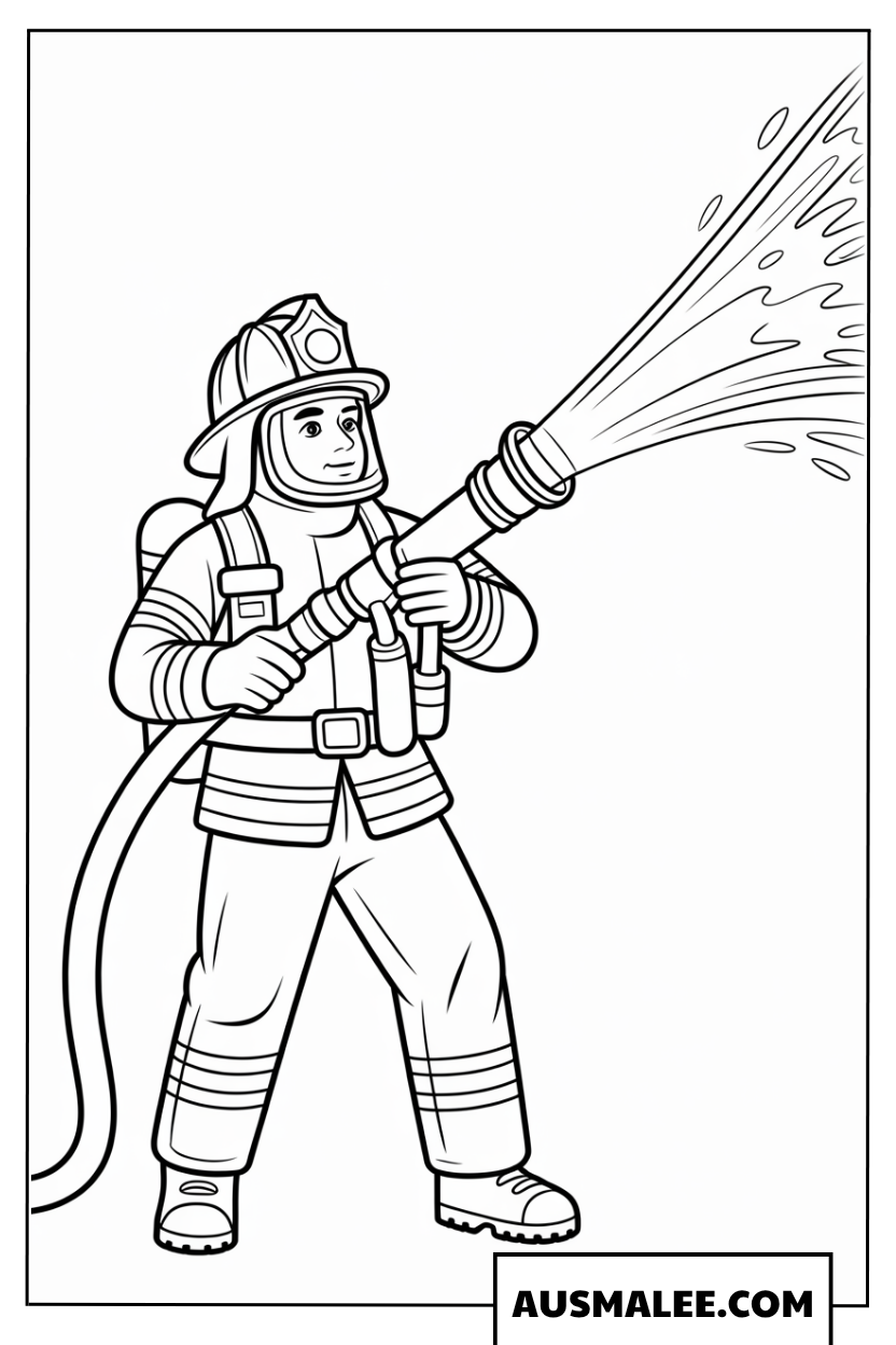 Ausmalbild Feuerwehrmann mit Löschschlauch