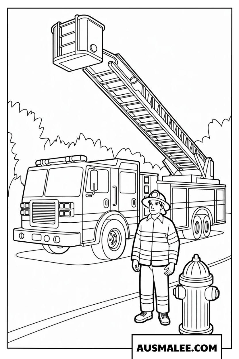 Ausmalbild Feuerwehrmann neben Drehleiterfahrzeug und Hydrant