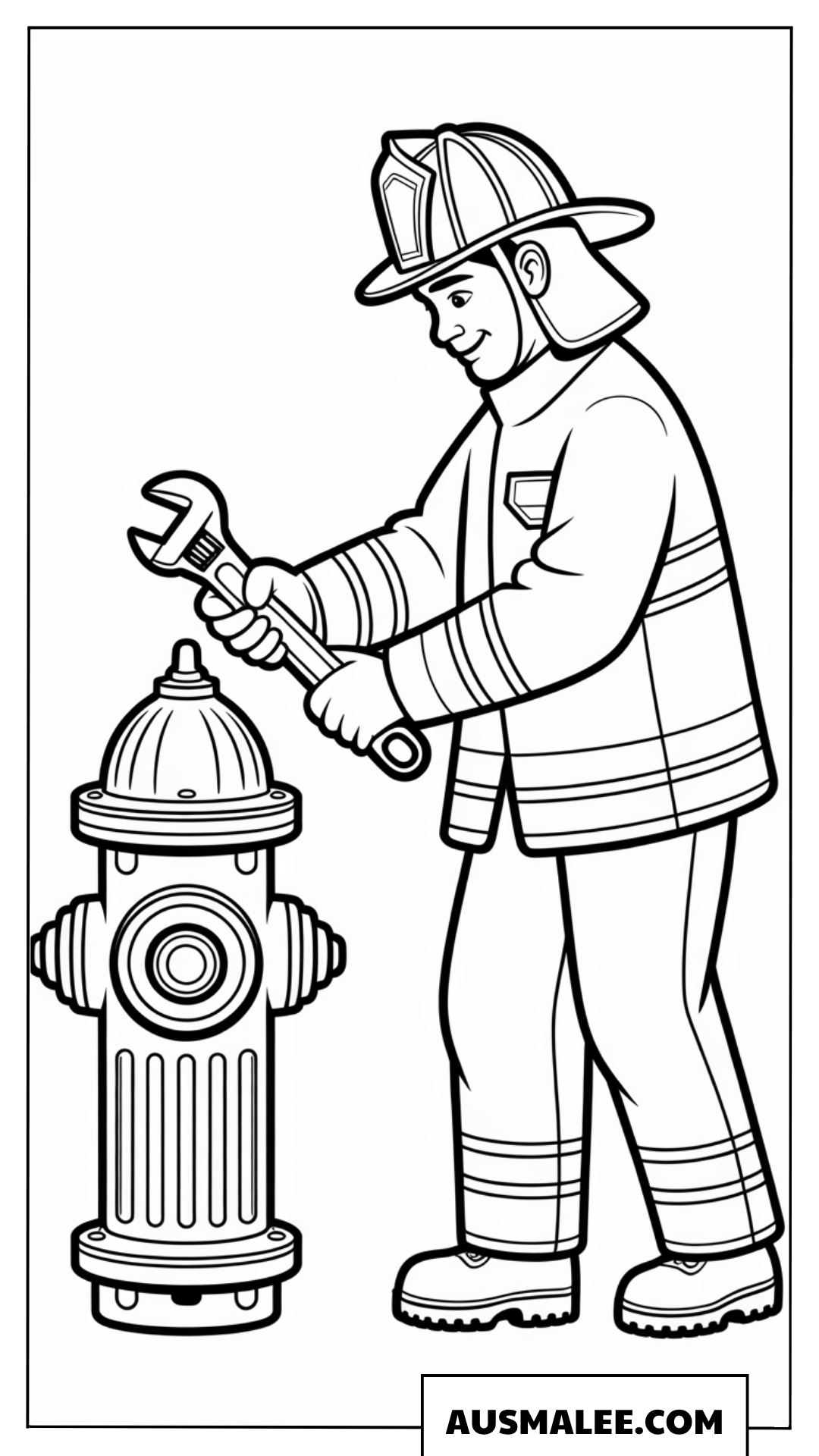 Ausmalbild Feuerwehrmann öffnet Hydranten mit Schraubenschlüssel