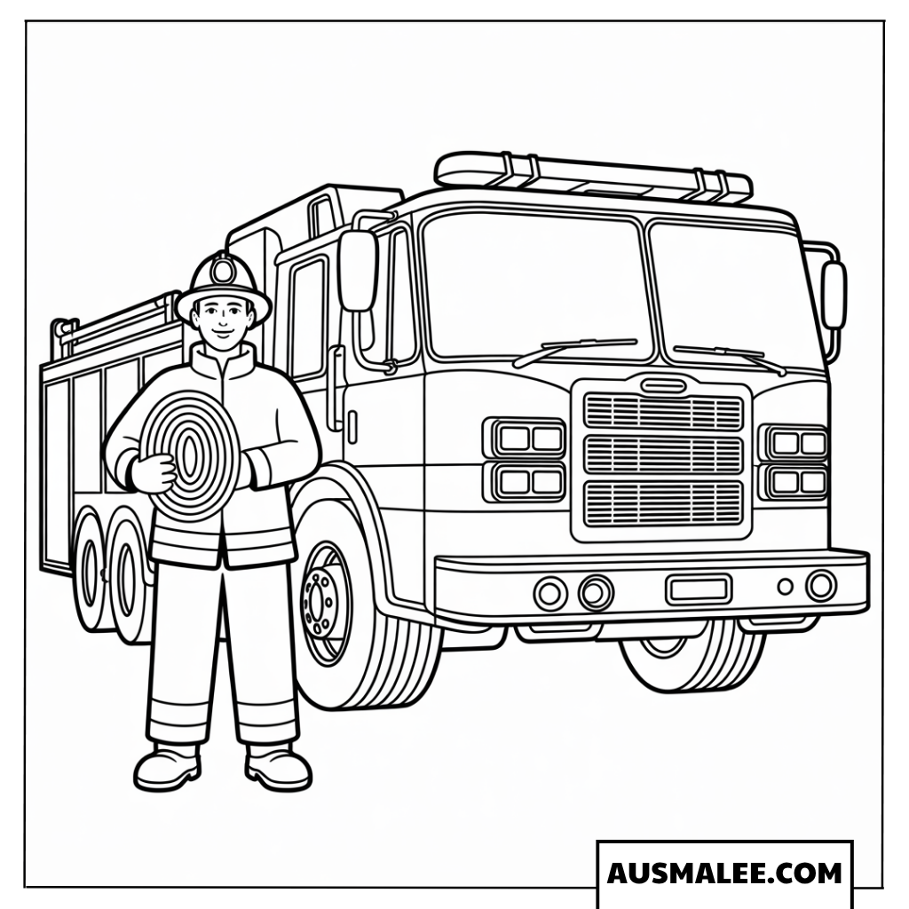 Ausmalbild Feuerwehrmann präsentiert Ausrüstung am Fahrzeug
