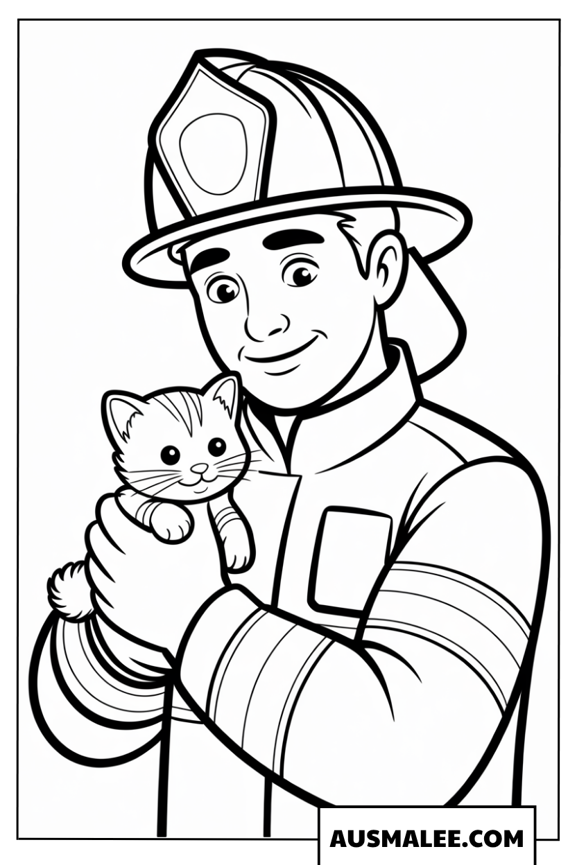 Ausmalbild Feuerwehrmann rettet Kätzchen