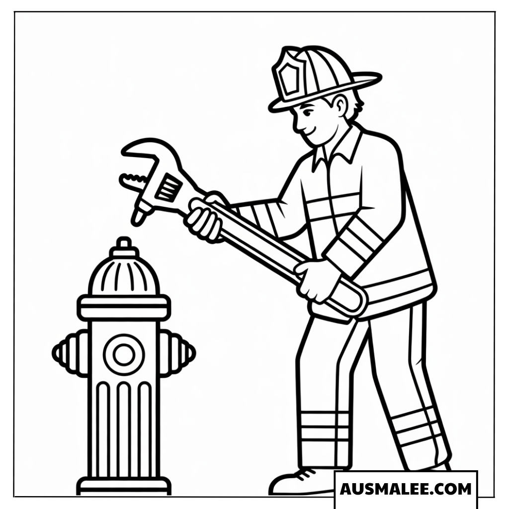 Ausmalbild Feuerwehrmann zieht Hydrantenkupplung fest
