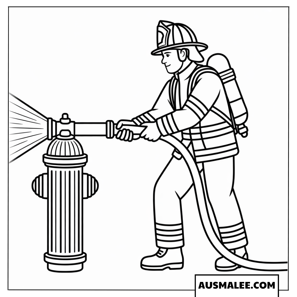 Ausmalbild Feuerwehrmann zieht Schlauch vom Hydranten weg