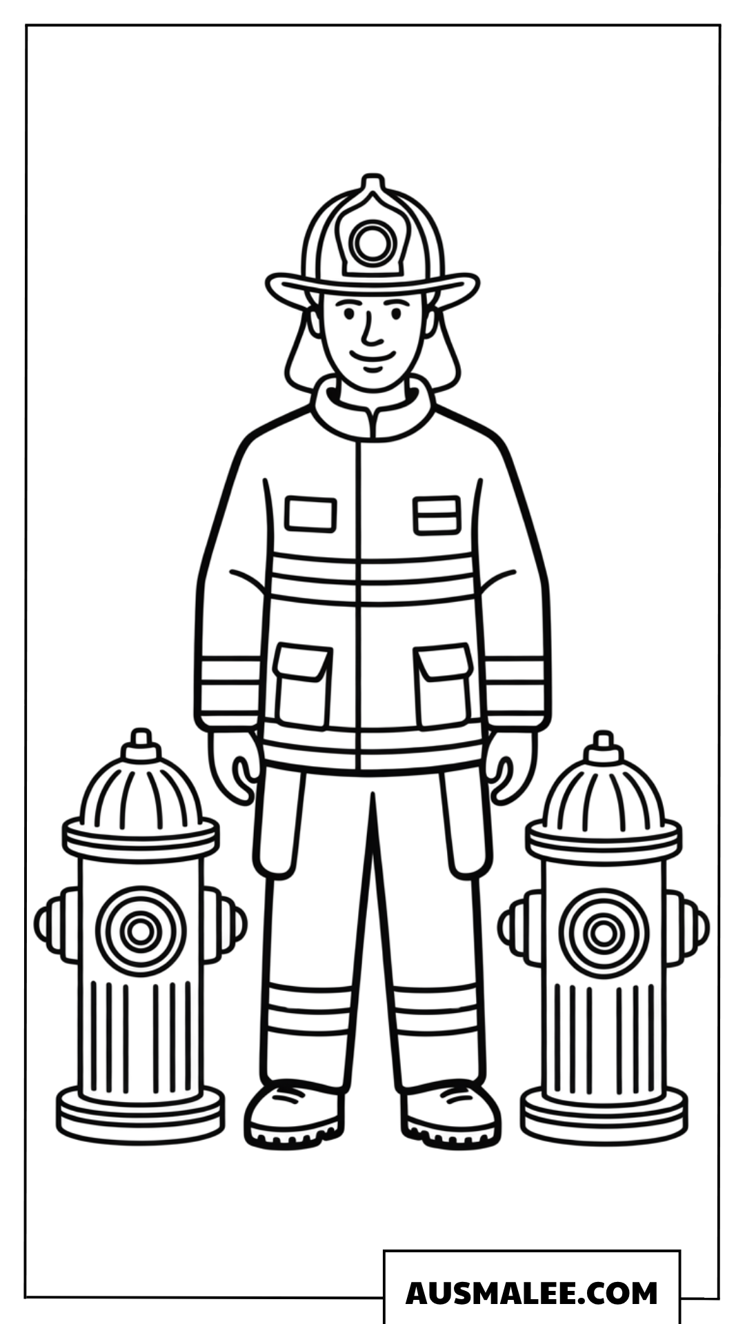 Ausmalbild Feuerwehrmann zwischen zwei Hydranten