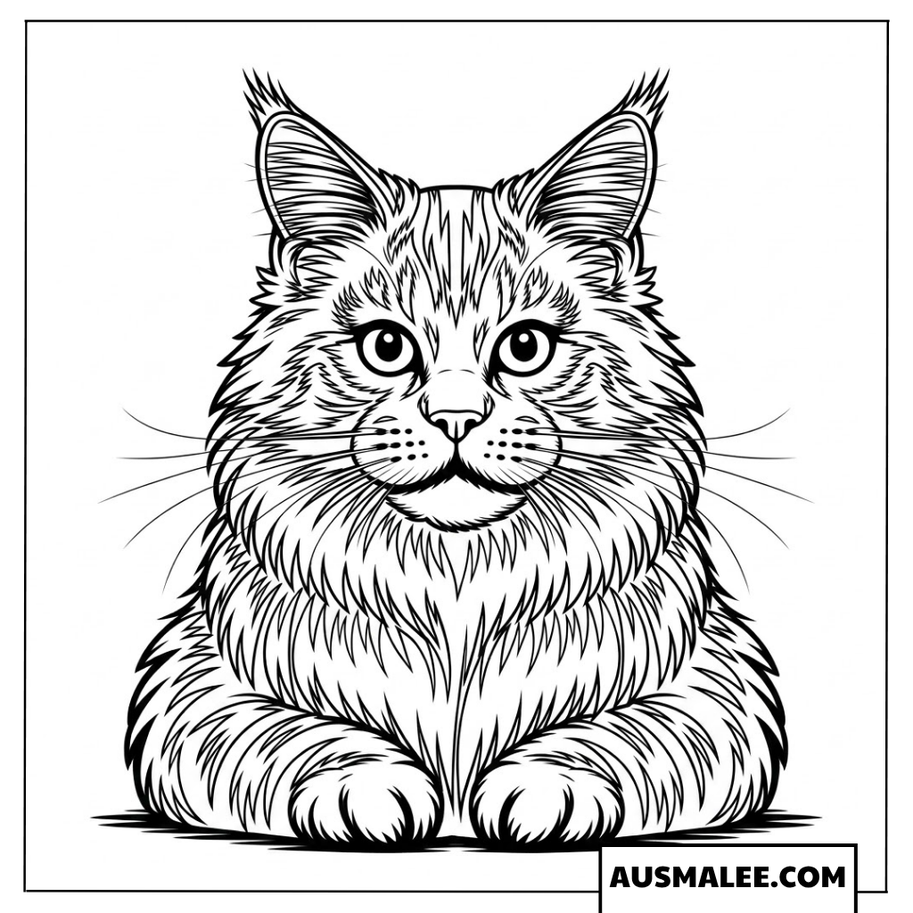 Ausmalbild Flauschige Maine Coon Katze liegt gemütlich