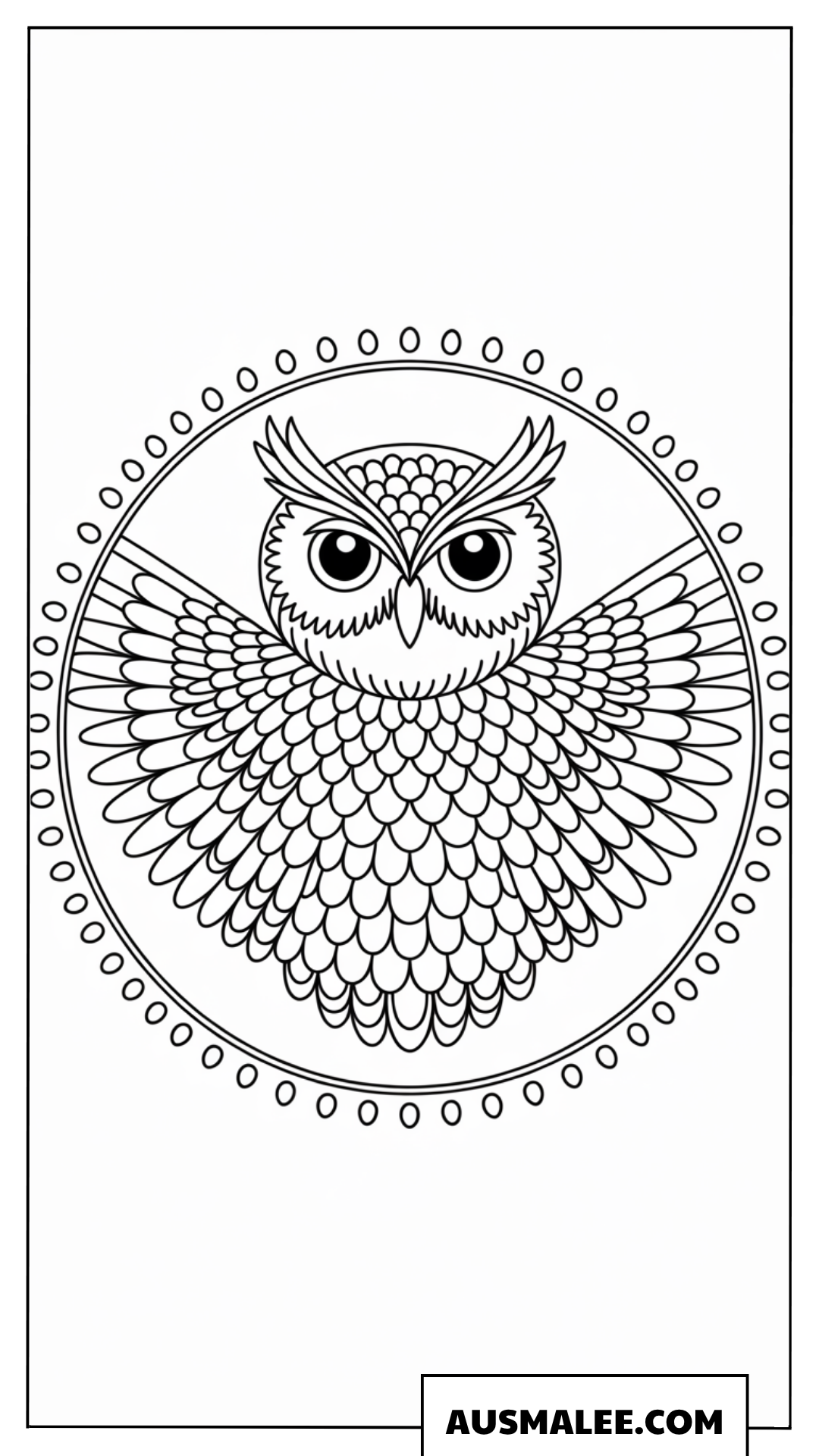 Ausmalbild Fliegende Eule mit kreisförmigen Mandala Mustern