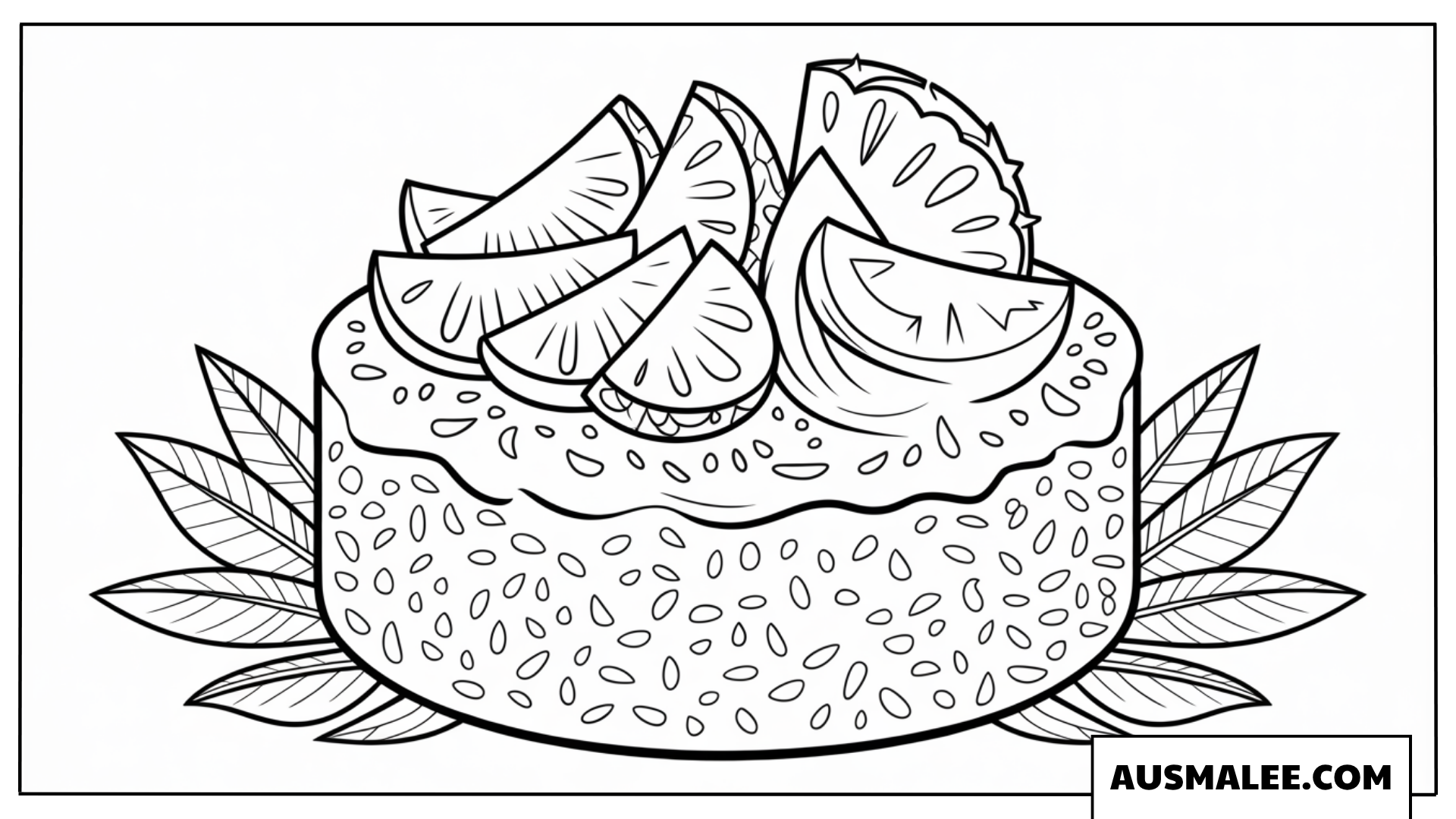 Ausmalbild Früchtekuchen mit Palmblättern