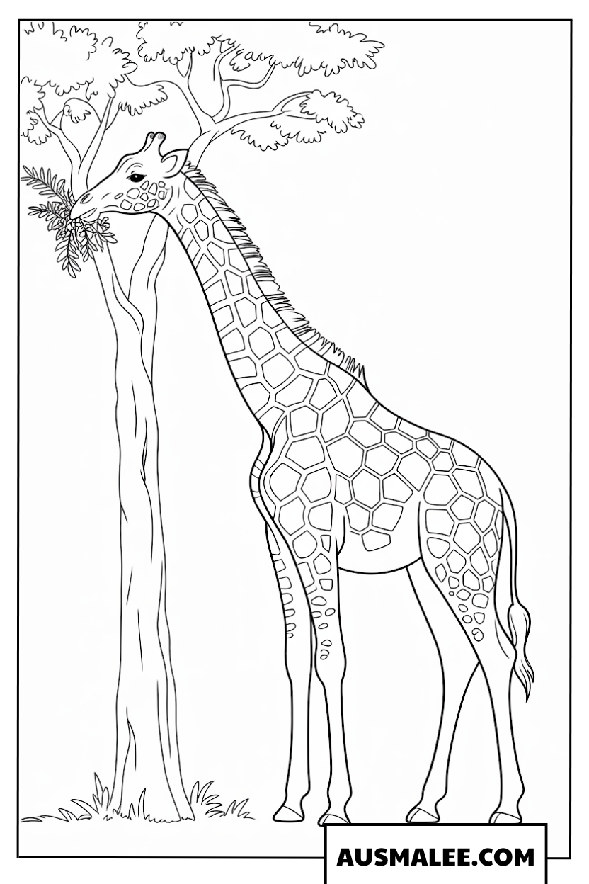 Ausmalbild Große Giraffe frisst Blätter vom Baum