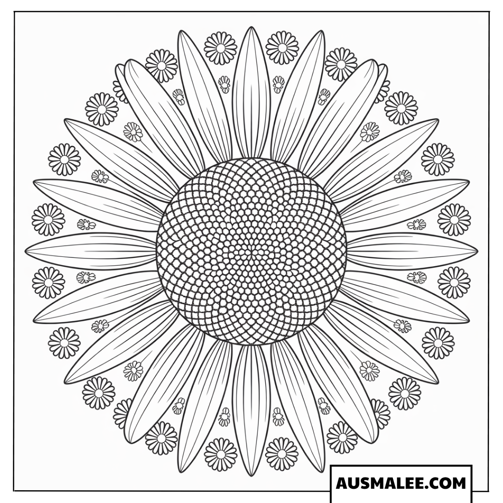 Ausmalbild Große Sonnenblume mit detailliertem Muster