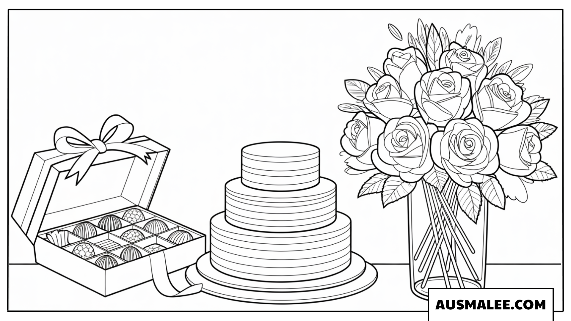 Ausmalbild Hochzeitstag mit süßem Buffet und Rosenvase