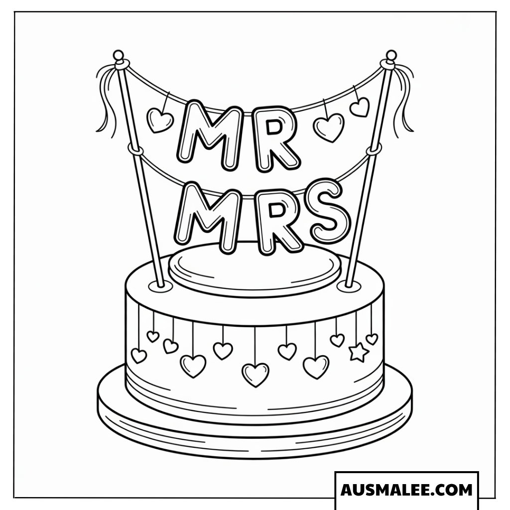 Ausmalbild Hochzeitstorte mit "Mr & Mrs"-Wimpel