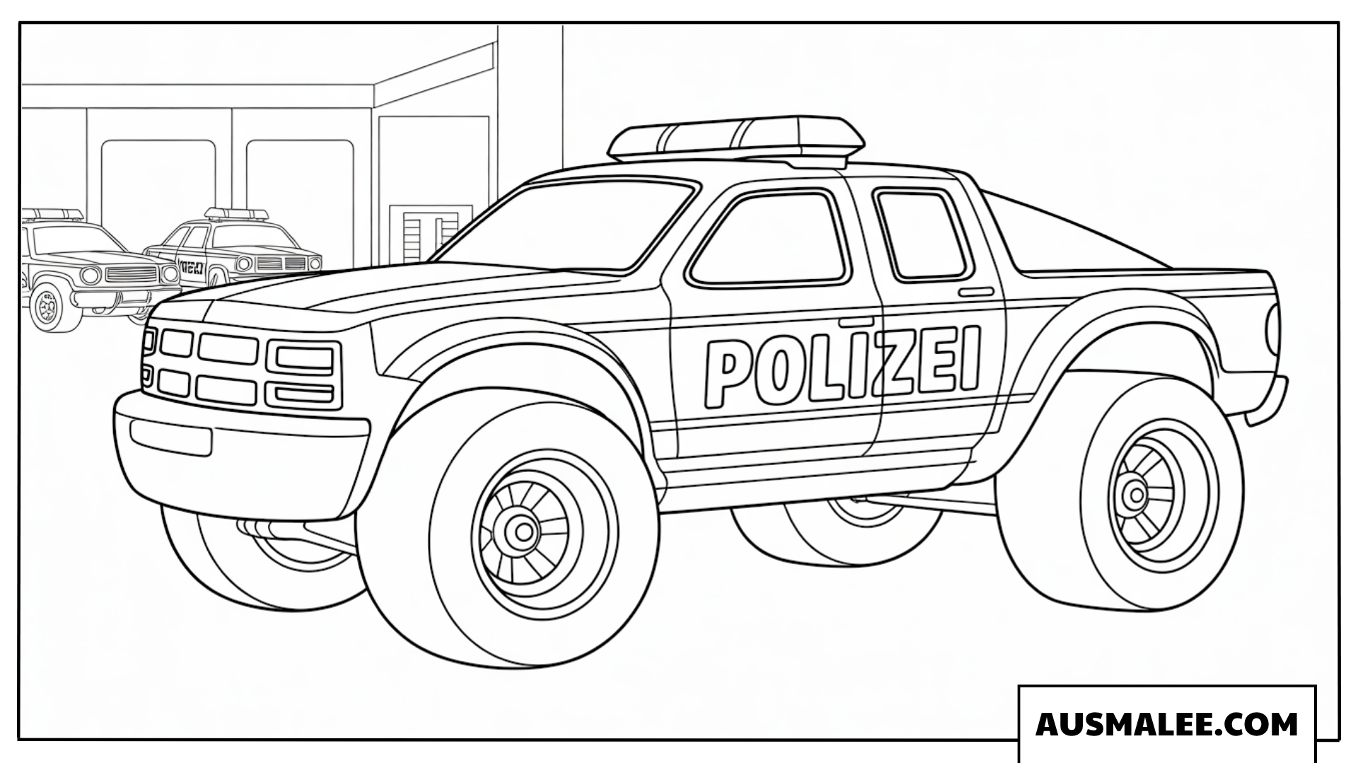 Ausmalbild Hot Wheels Monster Truck Polizei vor der Polizeistation