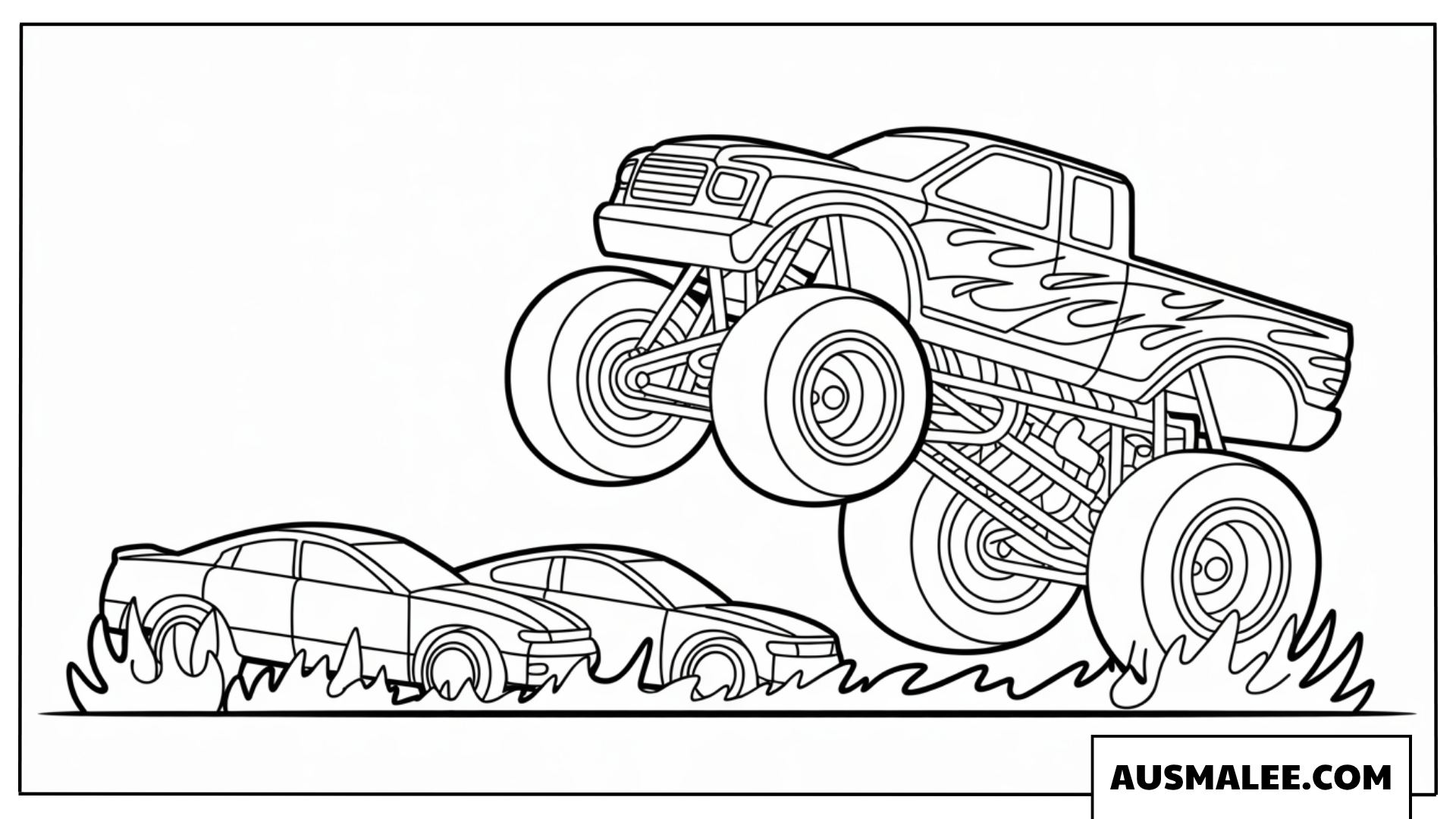 Ausmalbild Hot Wheels Monster Truck bei einem Stunt in der Luft