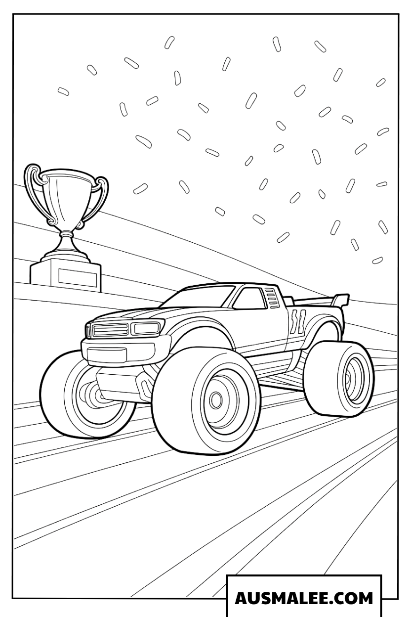 Ausmalbild Hot Wheels Monster Truck feiert den Sieg unter Konfetti