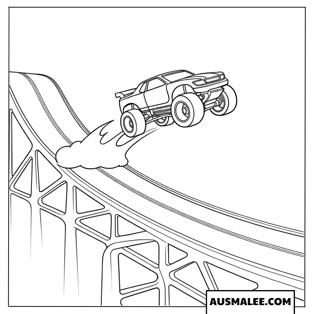 Ausmalbild Hot Wheels Monster Truck fliegt über eine hohe Rampe