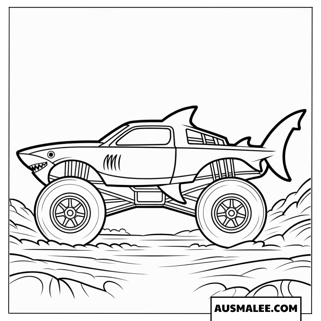 Ausmalbild Hot Wheels Monster Truck im gefährlichen Haifisch-Design