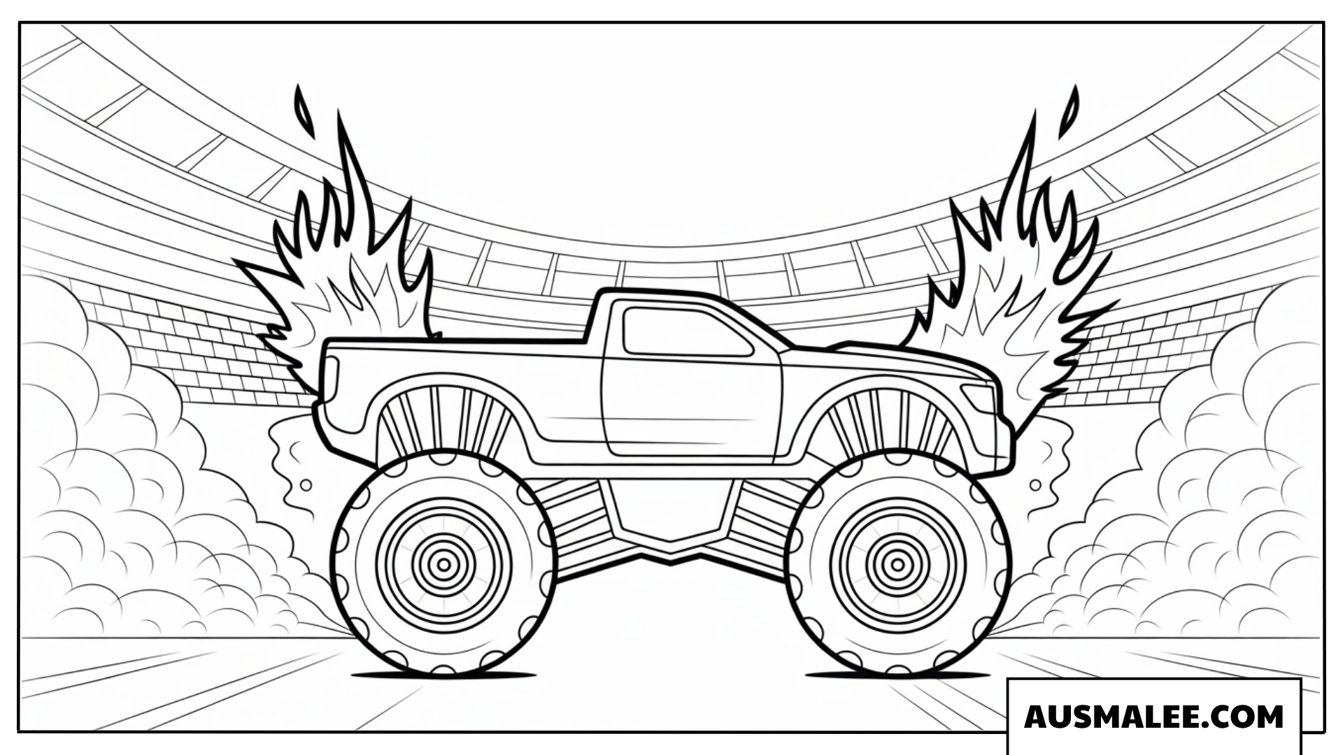 Ausmalbild Hot Wheels Monster Truck mit Feuereffekt in der Arena