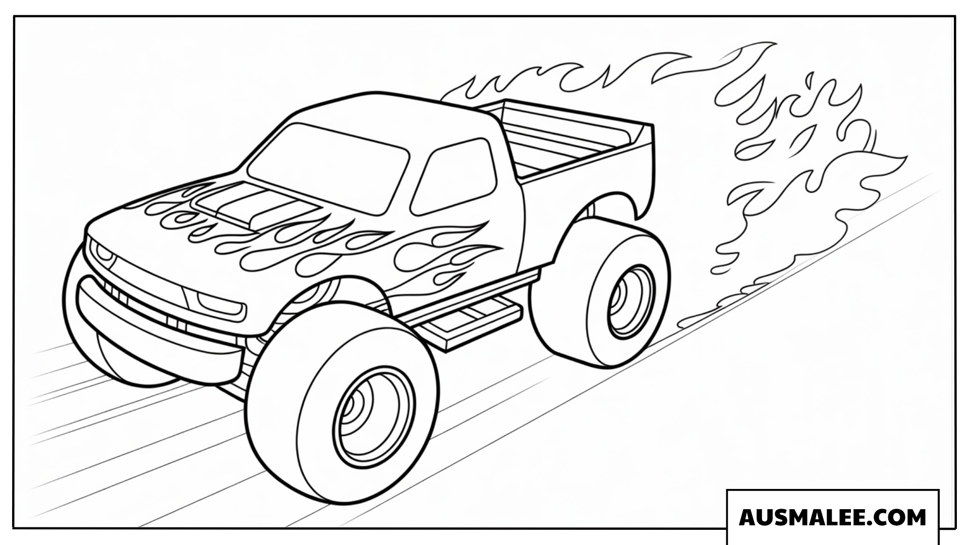 Ausmalbild Hot Wheels Monster Truck mit Flammen-Motiv