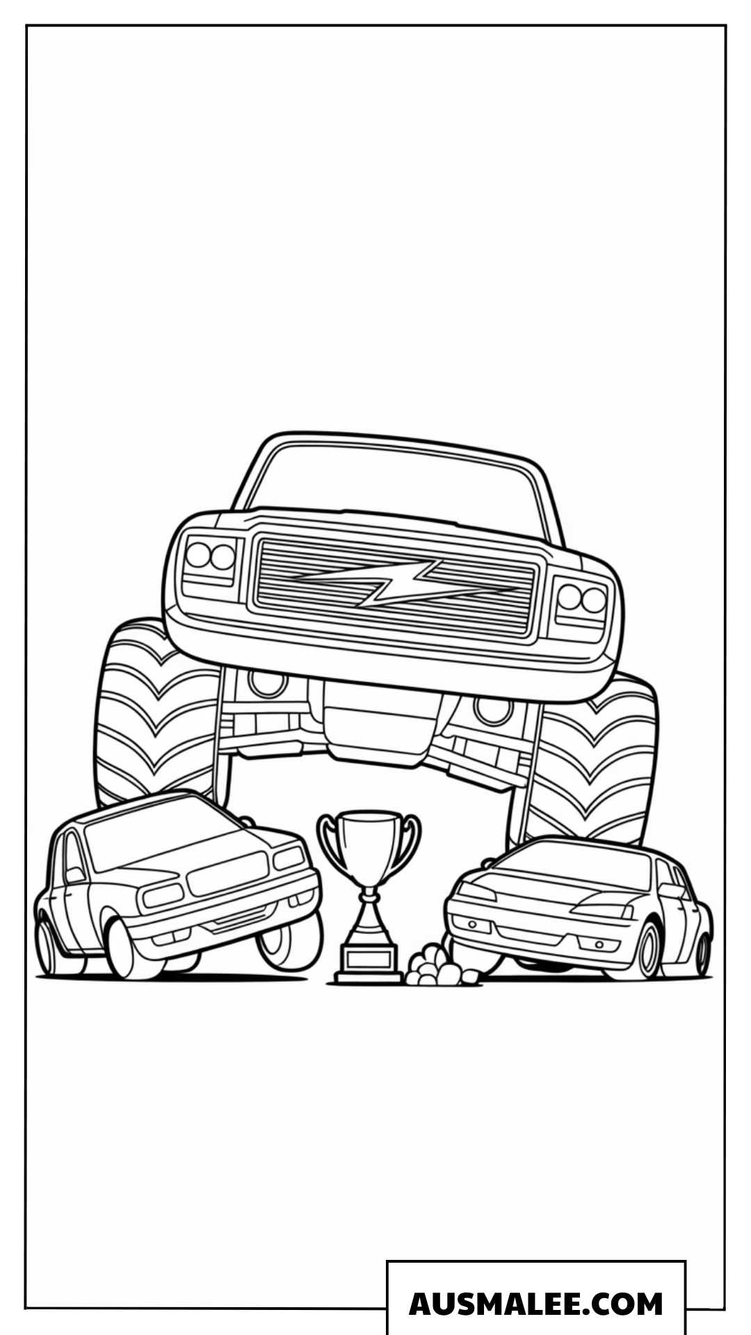 Ausmalbild Hot Wheels Monster Truck mit Siegestrophäe