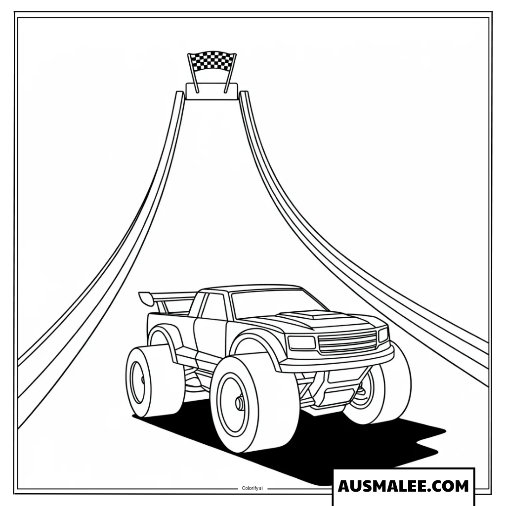 Ausmalbild Hot Wheels Monster Truck rast eine steile Rampe hinunter