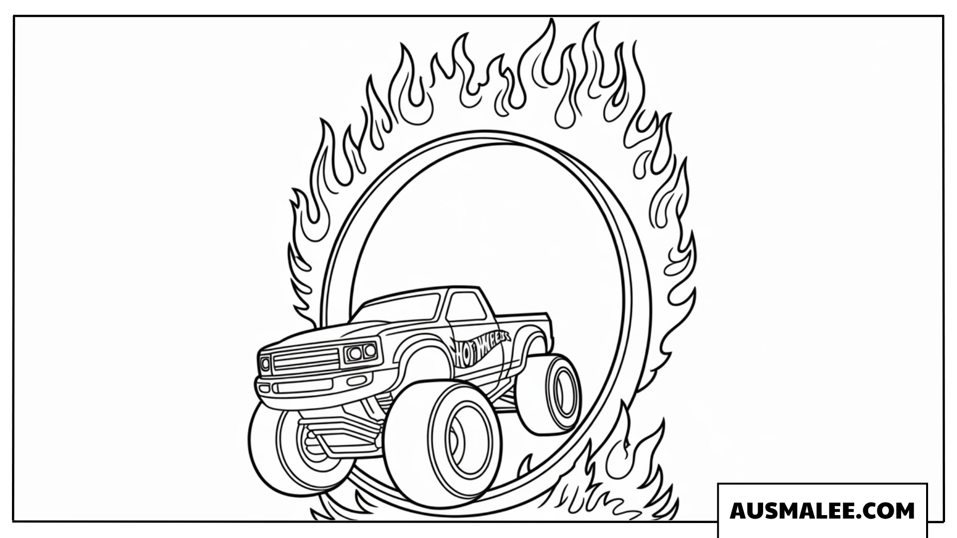 Ausmalbild Hot Wheels Monster Truck springt durch einen brennenden Feuerreifen