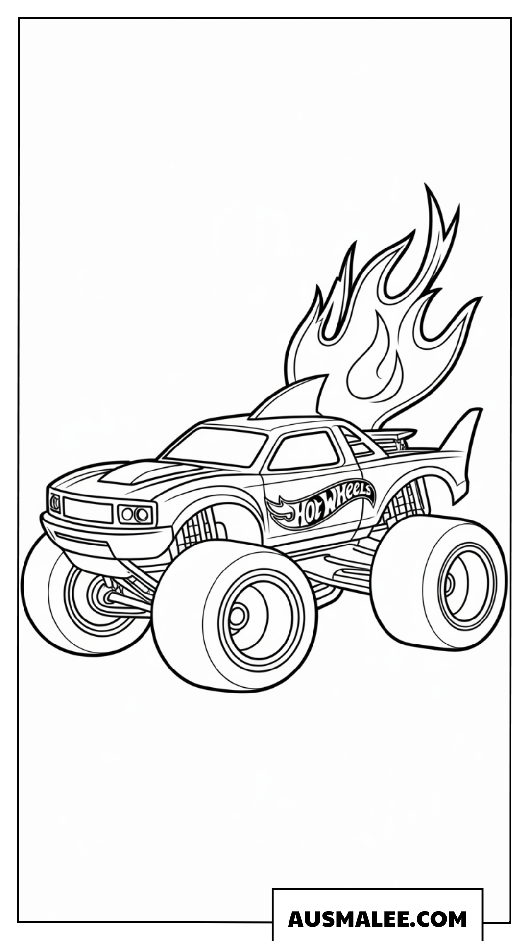 Ausmalbild Hot Wheels Tiger Shark Monster Truck mit Flammengeschwindigkeit