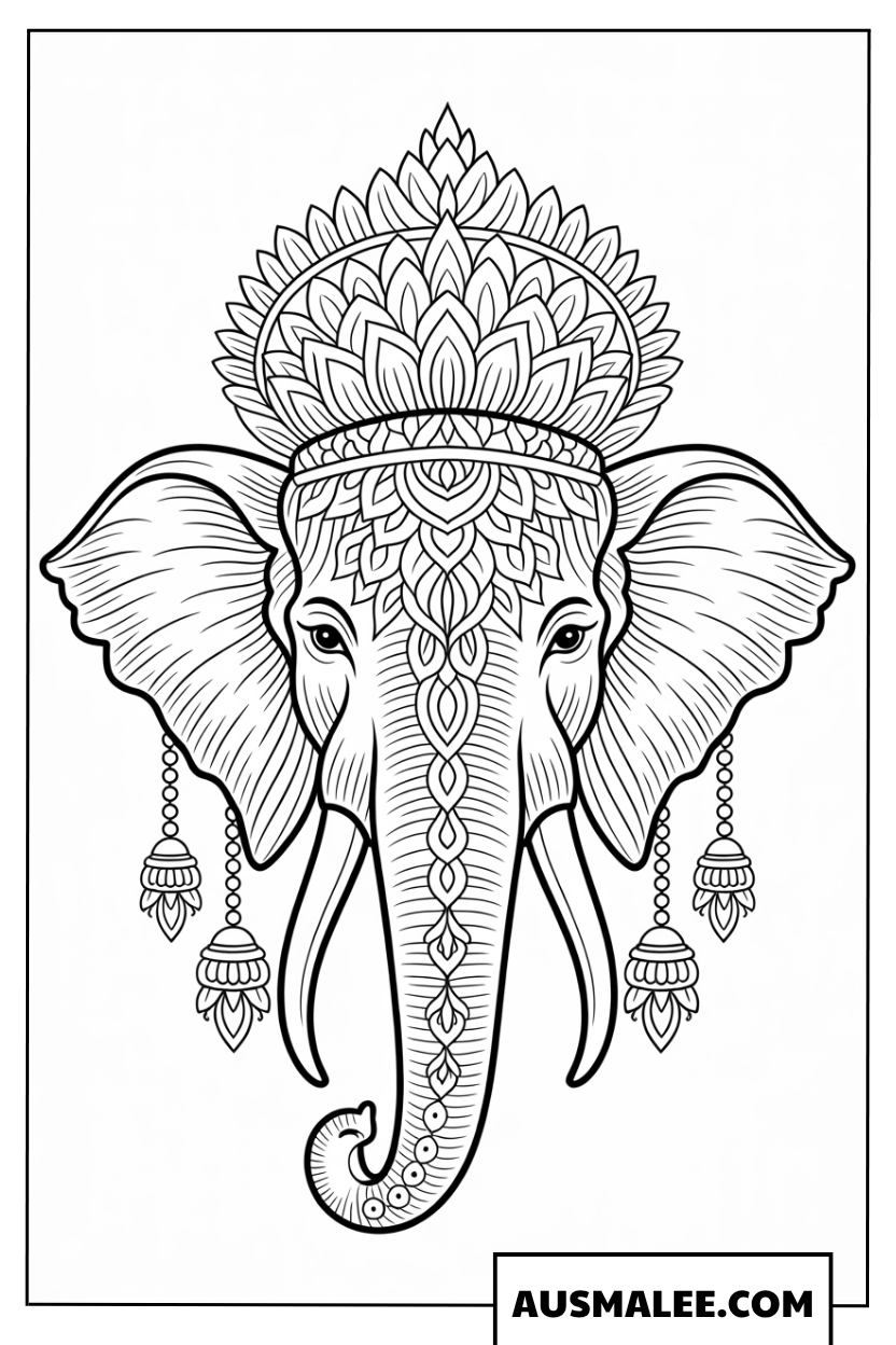 Ausmalbild Indischer Elefant mit prachtvollem Kopfschmuck