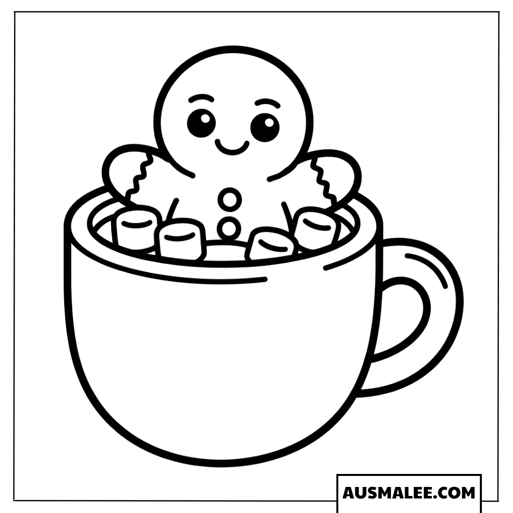 Ausmalbild Kawaii Lebkuchenmann in der Tasse