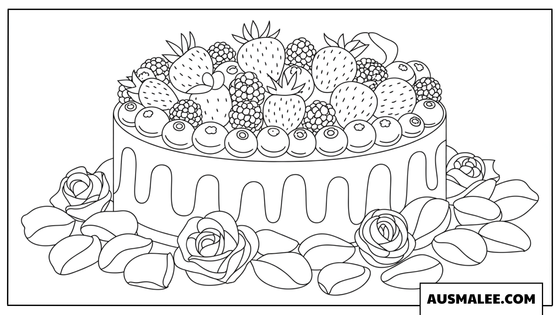 Ausmalbild Kuchen mit Beeren und Rosen
