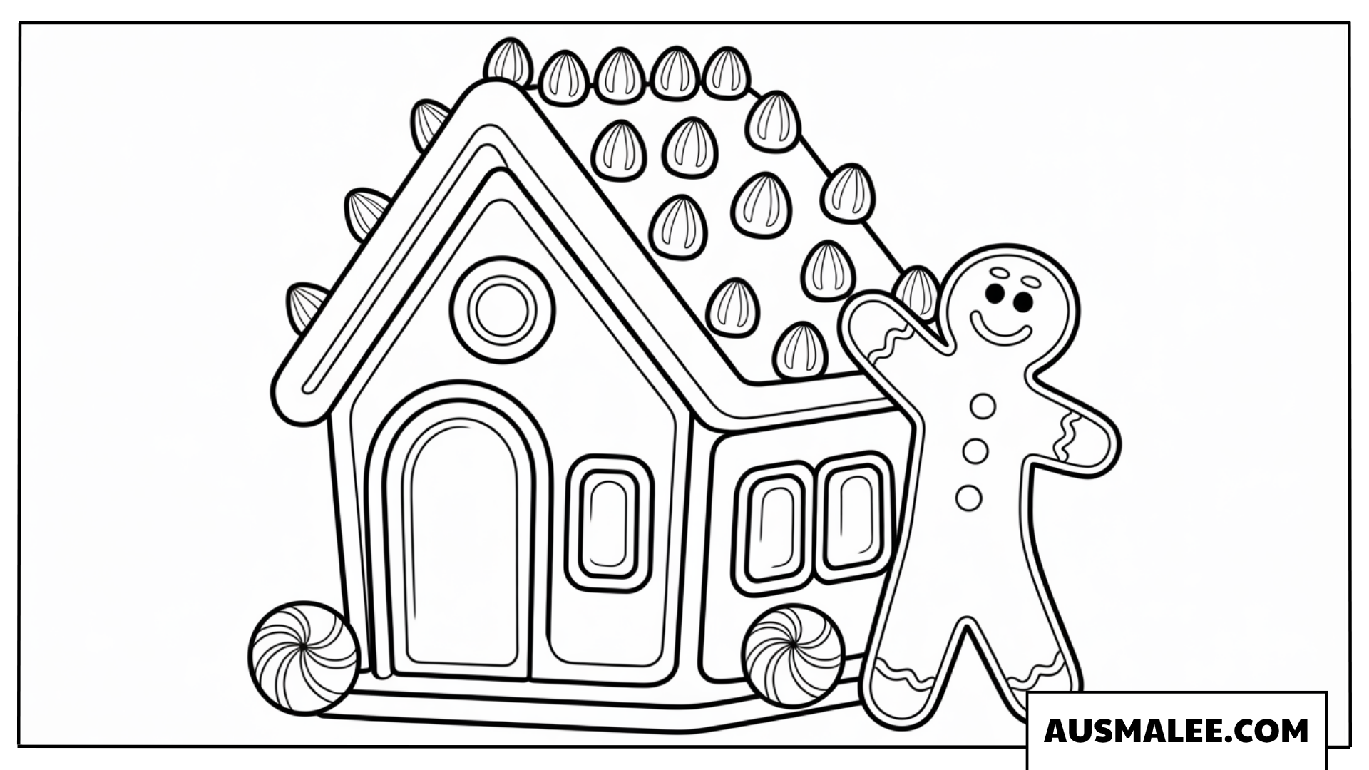 Ausmalbild Lebkuchenhaus mit Lebkuchenmännchen