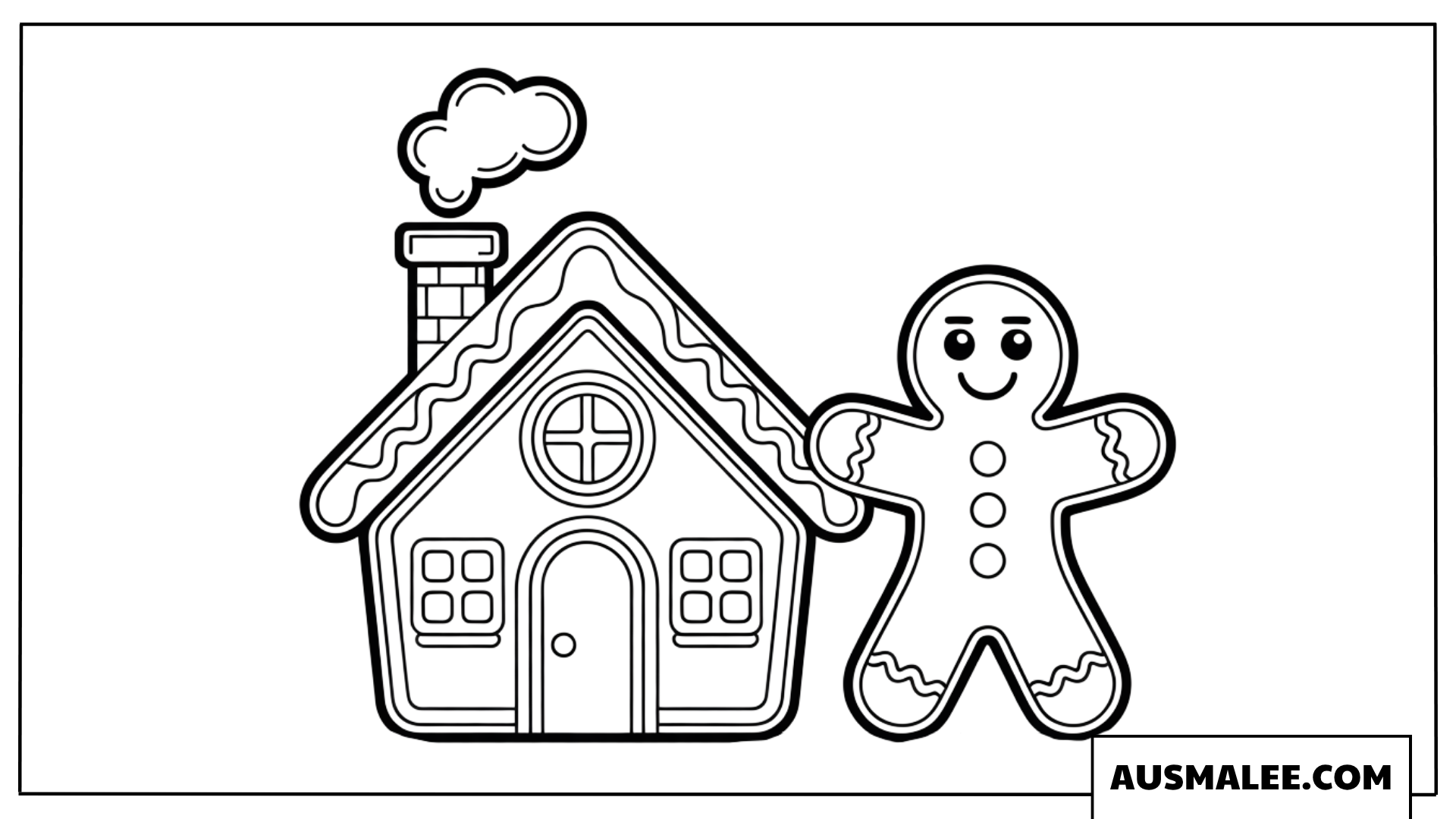 Ausmalbild Lebkuchenhaus mit rauchendem Schornstein