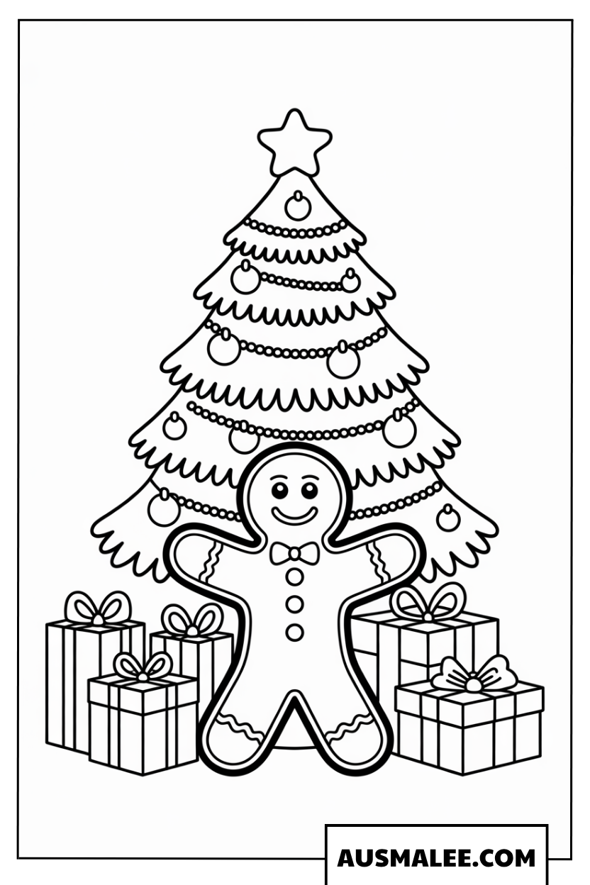 Ausmalbild Lebkuchenmann vor dem Weihnachtsbaum