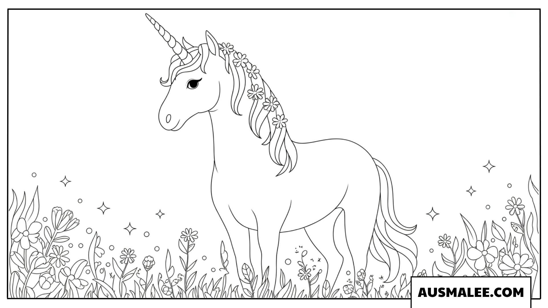 Ausmalbild Magisches Einhorn steht auf einer Blumenwiese