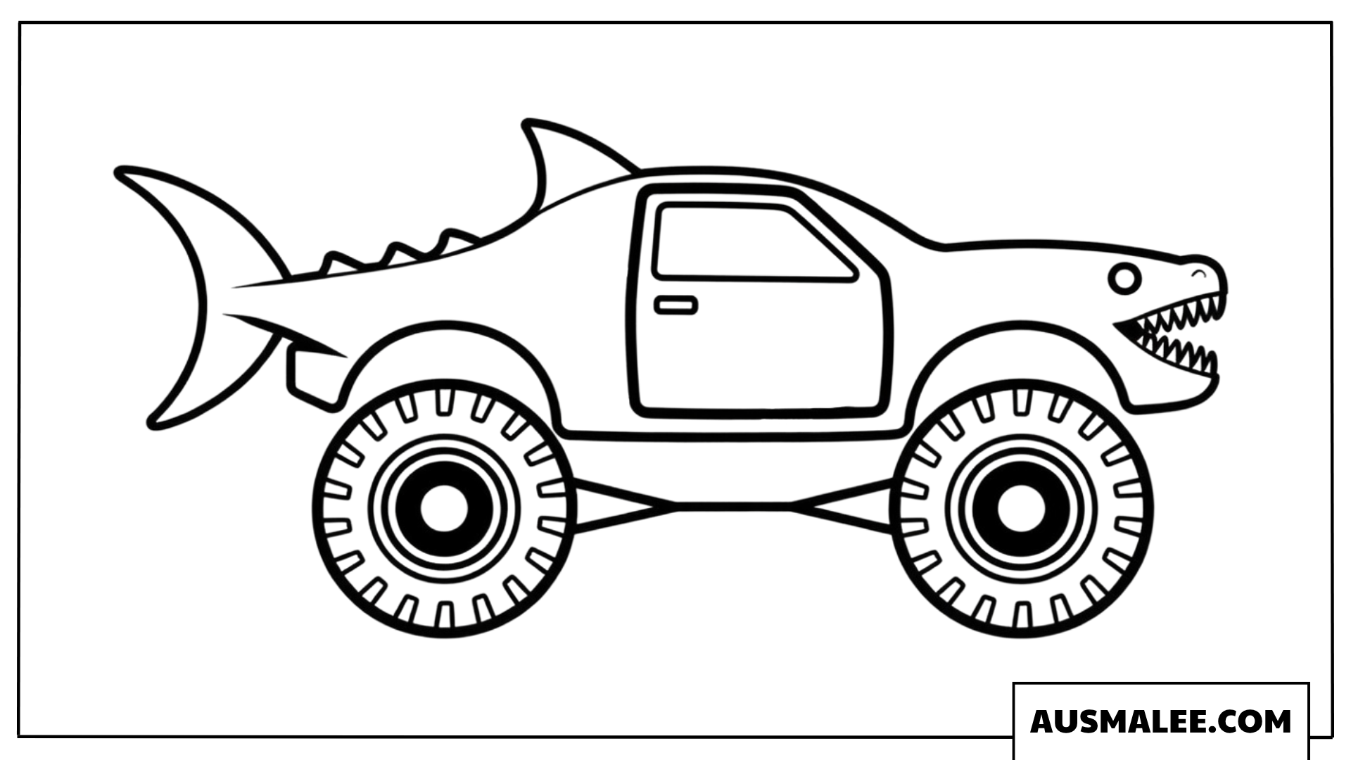 Ausmalbild Monster Truck im prähistorischen Megalodon-Haifisch-Design