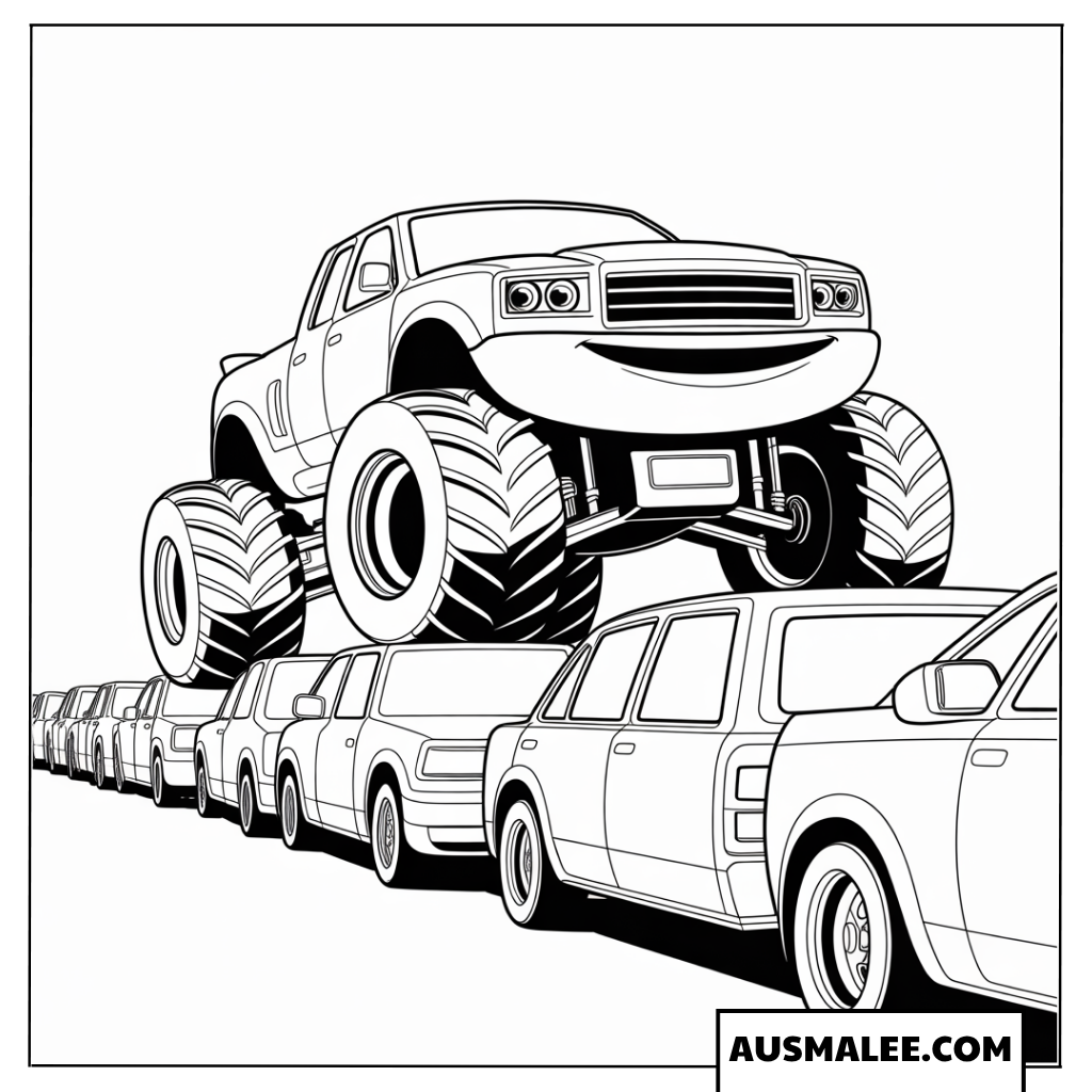 Ausmalbild Monster Truck walzt über eine lange Reihe von Autos