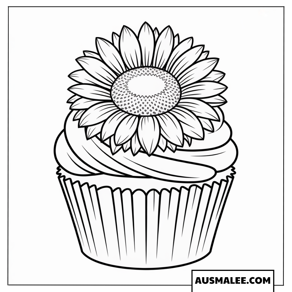 Ausmalbild Muffin mit einer Sonnenblume